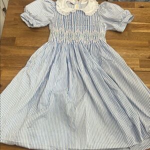 Girls Vintage Formal Smocked Striped Dress with Collar